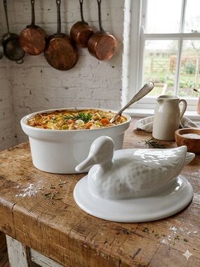 Vintage French White Porcelain Duck Tureen Covered Casserole Serving Dish
